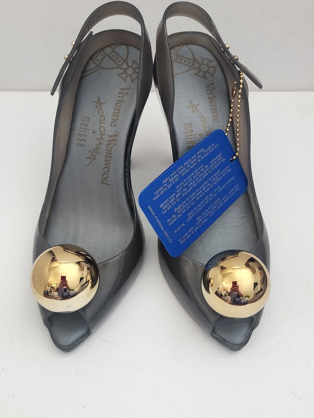 Vivienne Westwood Gray Slingback Pumps with Gold Orb Accent